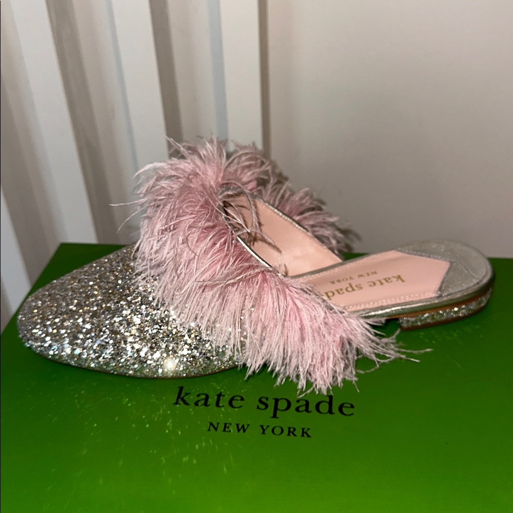 Kate Spade Glitter Mules with Pink Feather Accent
